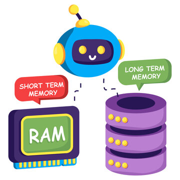 AI Agent Memory Cache. AI robot mascot connected to a glowing RAM memory chip and a long-term vector database server cylinder.