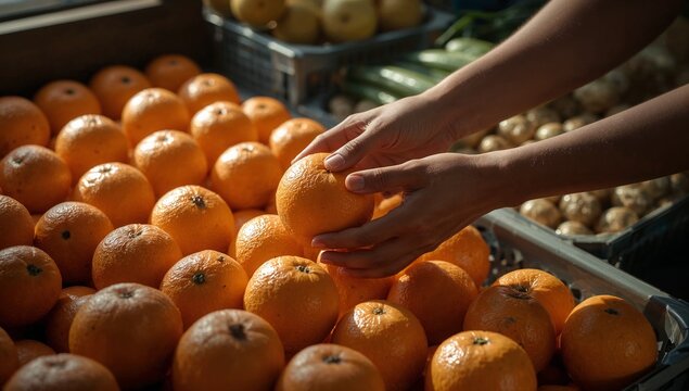 A person attempting to grab an orange from a box, a relatable moment of desire and struggle