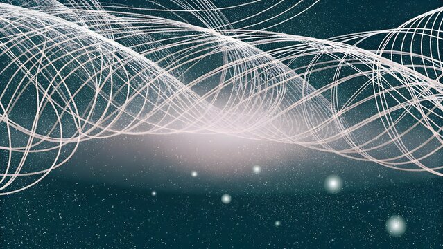 Abstract digital wave lines and glowing quantum particles. High speed data transmission network. Flowing fiber optic curves across deep space