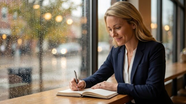Reflective Writing in Notebook Beside Rain Streaked Window