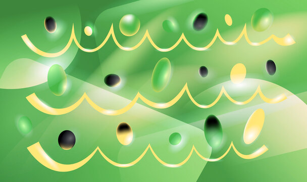 abstract green background with repeating curved lines, floating ovals