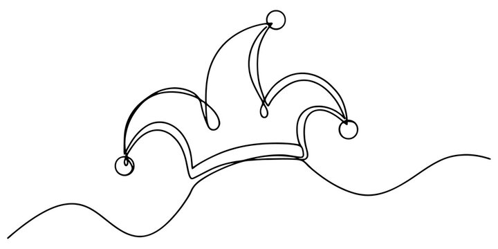 Continuous line art of classic jester cap with bells for circus entertainment carnival and festive humor design concepts.