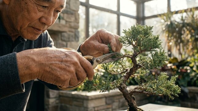 Hands of Senior Asian Man Pruning Juniper Bonsai Tree