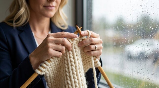 Hands Knitting Chunky Merino Wool by a Rainy Window