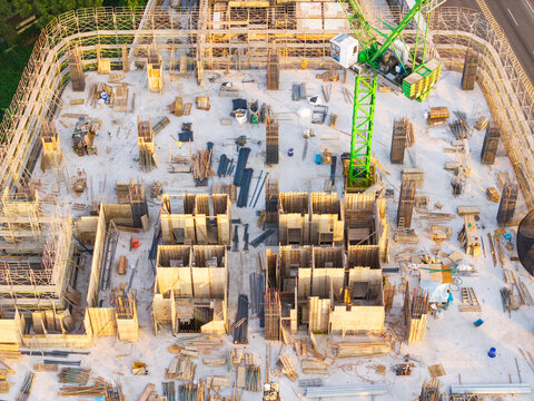Aerial High-Rise Construction Site with Crane