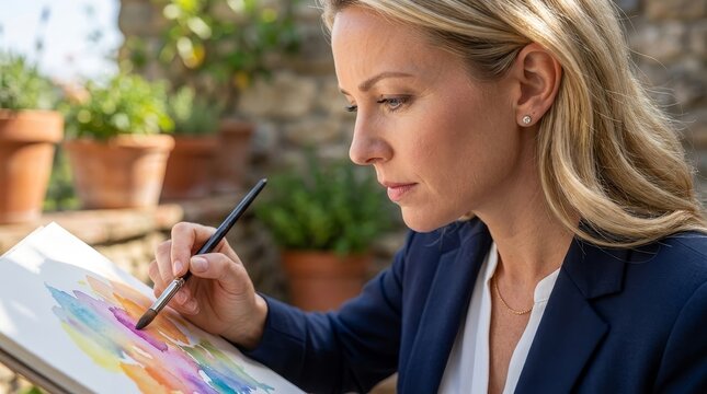 Artist Painting Watercolor on Sunlit Terrace Garden