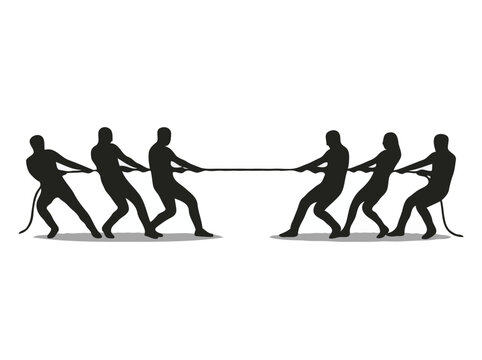 Black Silhouette Vector Illustration of Teams Playing Tug of War   