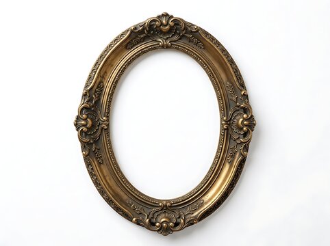 Vintage ornate oval picture frame with intricate gold carvings isolated on white background