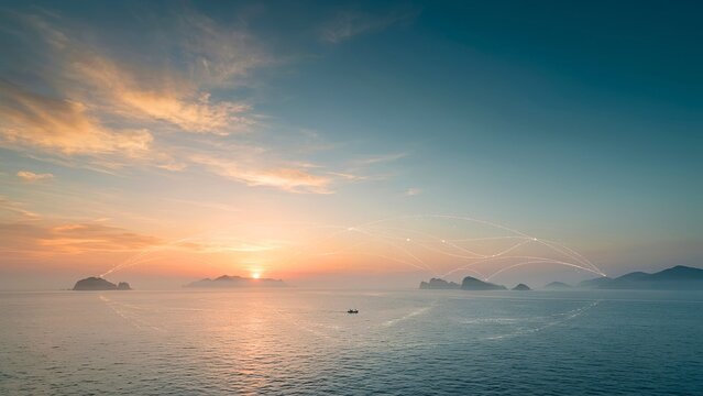Fishing boat on calm sea at sunrise with glowing network arcs linking islands, symbolizing global connectivity, communication, cloud technology and international digital collaboration