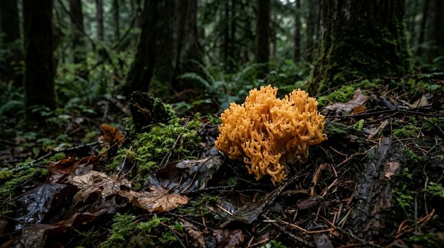 Vibrant Yellow Coral Fungus Ramaria Growing on a Lush Mossy Forest Floor Surrounded by Autumn Leaves in Deep Woods