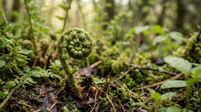 Young fern fiddlehead crosier unfurling on a lush mossy forest floor, spring growth macro photography background.