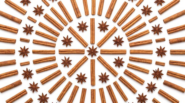 Cinnamon sticks and star anise arranged in a circular pattern on a white background top view flat lay