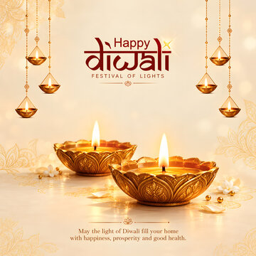 Happy Diwali Festival Greeting Poster with Ornate Brass Diyas, Hanging Oil Lamps and Elegant Hindi Typography on a Warm Cream Background