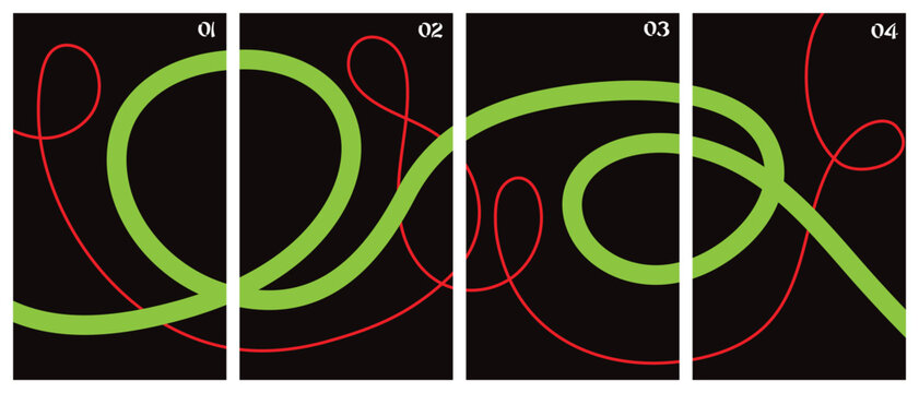 abstract swirl line art poster set featuring vibrant green loops and delicate red contour lines on dark background
