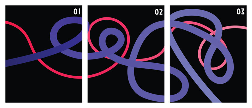 abstract loop line art poster set, showcasing elegant purple and pink fluid curves on a sleek black background