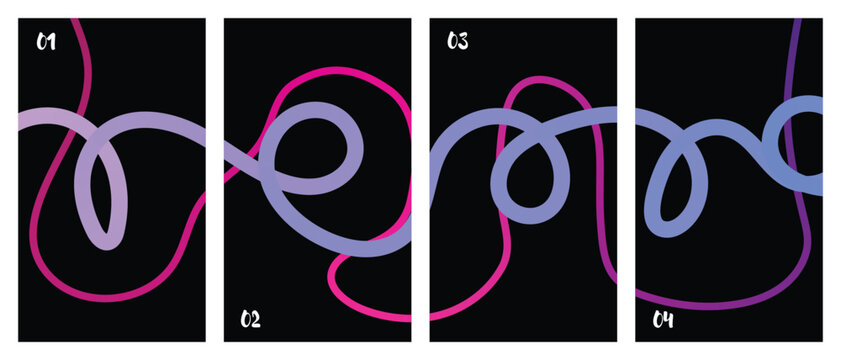 abstract curly gradient line art minimalist poster set featuring looping pink and blue spiral graphics