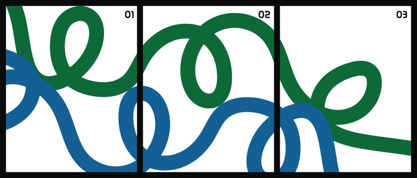 abstract continuous line art poster set featuring elegant deep green and blue wavy loops on a crisp white and black frame background
