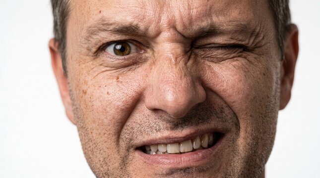 Gambar tersebut menampilkan close-up wajah seorang pria yang sedang membuat ekspresi meringis atau mengedipkan satu mata (winking), yang bisa menggambarkan rasa sakit, tidak nyaman, atau sedang bercan