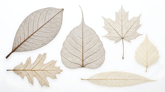 Set of various skeleton leaves isolated on white background