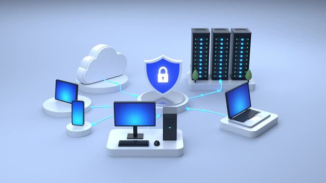 Network security with cloud, server and device icons, 3D animation. Seamless loop footage.