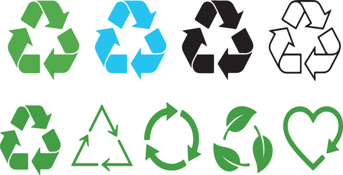 Recycling symbols set featuring green blue and monochrome arrows arrow eco sign waste reduction environmental protection recycle symbol sustainable sustainability