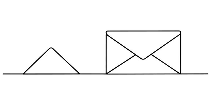Minimalist continuous line drawing of mail envelope and triangle shape representing communication and message sending tools.