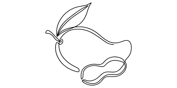 Continuous line drawing of tropical mango fruit with leaf and peanut snack for culinary and healthy nutrition projects.