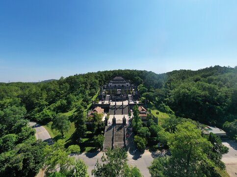 &bull; ajestic aerial view of Khai Dinh Tomb in Hue, Vietnam, stunning royal architecture on Chau Chu mountain, beautiful drone photography.