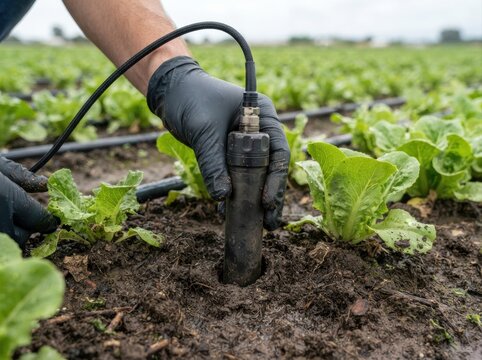 soil moisture probe field Soil testing device in vegetable field held by person wearing gloves