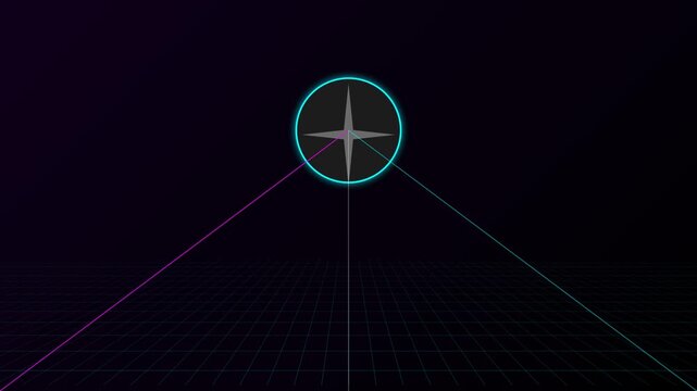 Abstract digital compass icon radiating lines across a futuristic dark grid background, symbolizing guidance, connection, and exploration in a dynamic virtual space