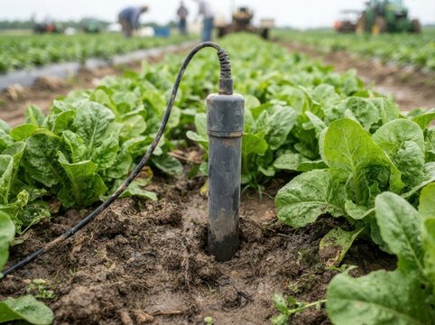soil moisture probe field Soil moisture sensor measuring water content in a green leafy vegetable farm.