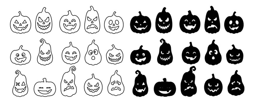 Halloween carved pumpkins outline and silhouette icons set isolated on transparent background