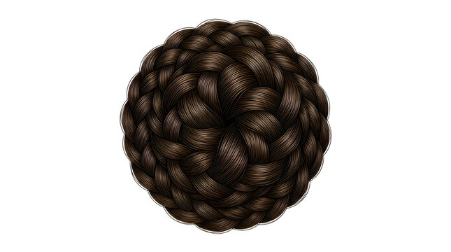 Braided hair bun features an intricate dark brown interwoven pattern.