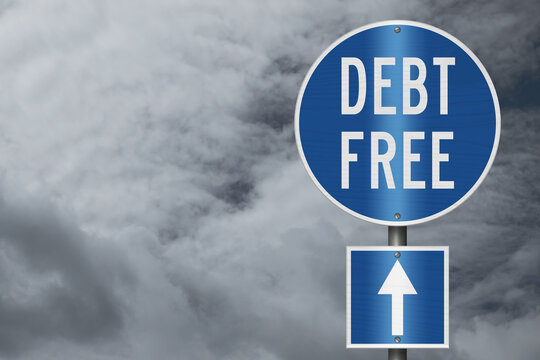 Blue Debt free sign with stormy sky