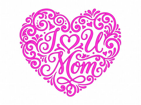 Pink heart shaped lettering with I Love Mom text decorative floral vector illustration