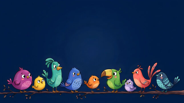 Diverse group of small colorful birds perched together on a thin branch against a deep blue background with digital art songbird wildlife