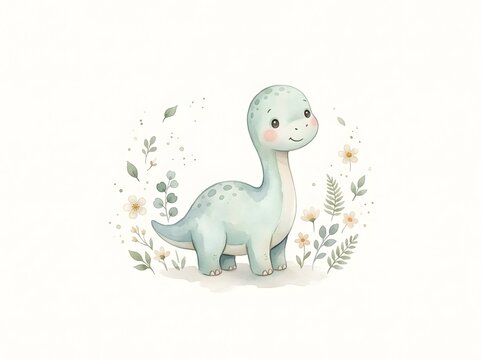 Charming watercolor illustration of a cute little baby dinosaur standing surrounded by delicate pastel botanical flowers and green leaves