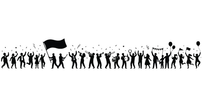 Black Silhouette of Crowd Marching in Festive Parade with Instruments and Banners