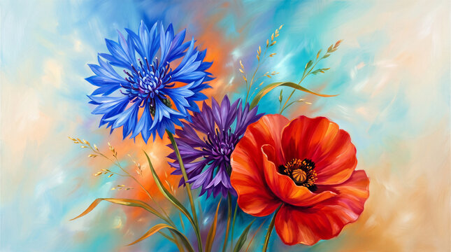 Spring floral arrangement featuring cornflower poppy and delicate