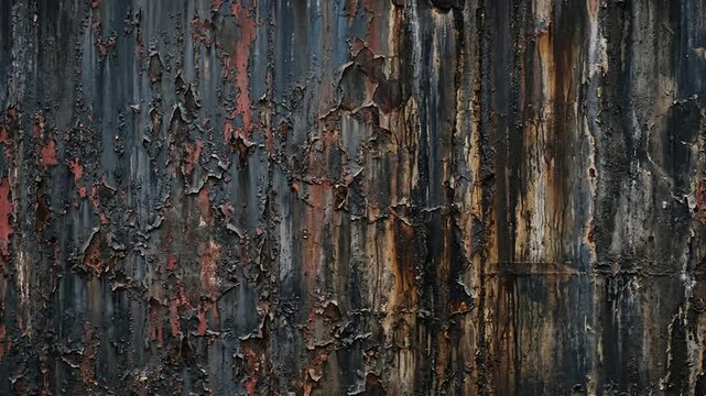 Weathered rusty metal wall with peeling paint texture background