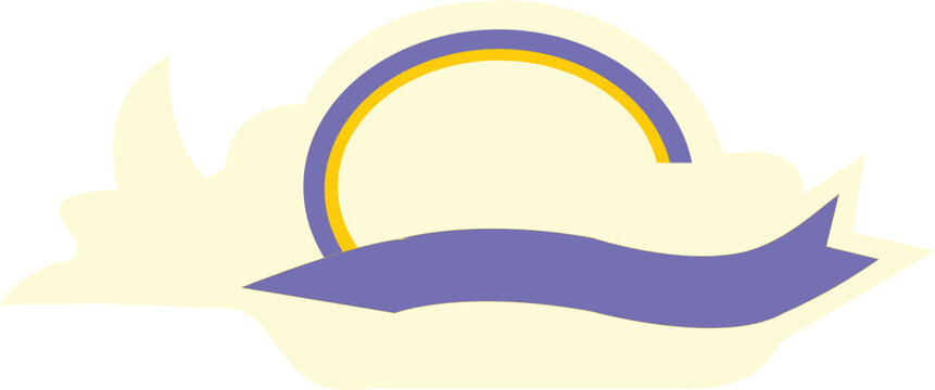 Blank abstract graphic banner template featuring a purple waving ribbon, a yellow and purple semi-circle arch, and a pale cloud-like background shape. Flat vector isolated design element ideal for tex