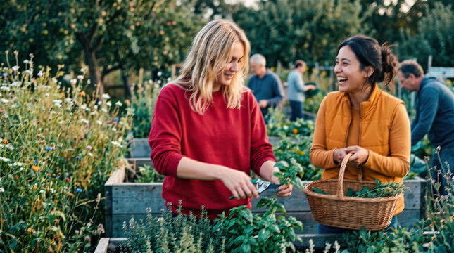 Friends Harvest Herbs Together in a Community Garden on a Sunny Day