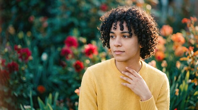 Portrait of a Person in a Yellow Sweater Sitting in a Blooming Garden