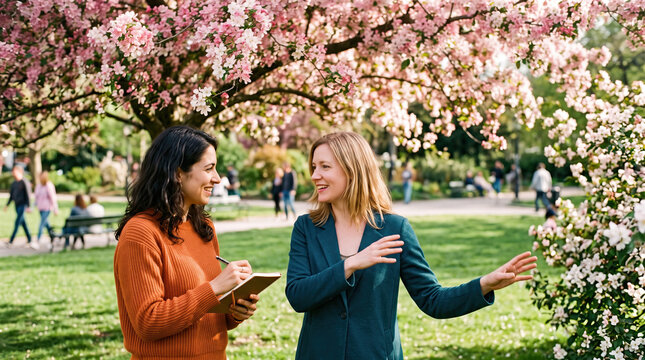 Friends Chatting Under a Flowering Tree in a Park During Spring