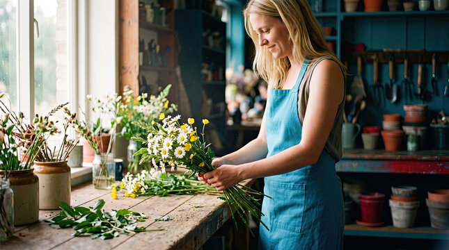 Arranging Floral Bouquets in a Bright Workshop With Natural Light
