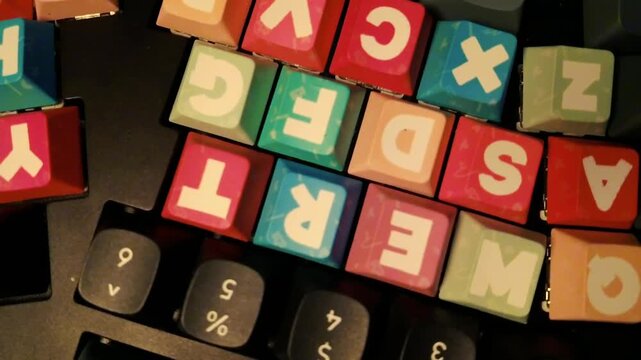Colorful mechanical keyboard keycaps scattered in disarray on dark desk closeup