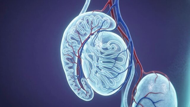 Close-up 3D render of male reproductive system, showing transparent anatomy of the testis and epididymis with a highlighted inflamed area, representing potential disease or medical condition.