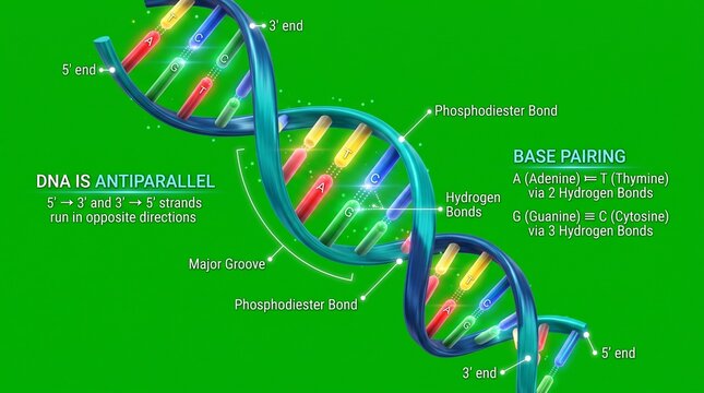 Scientific illustration of dna double helix structure with base