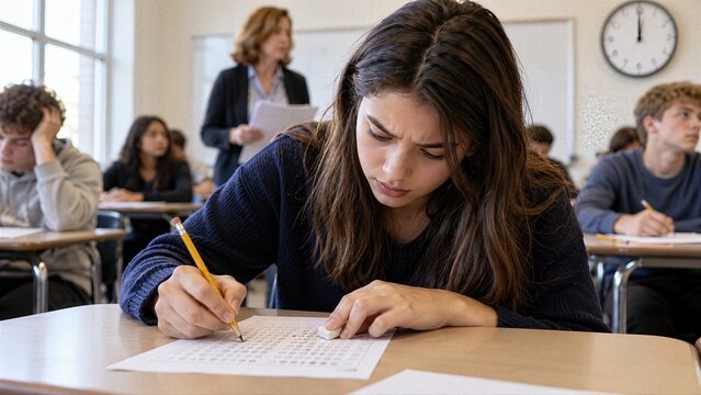 Teen student erases and changes an answer moments before time expires, showing exam pressure, uncertainty, decision making, concentration and timed assessment stress.