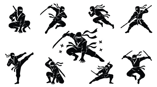 Collection of Black Silhouette Ninjas in Dynamic Martial Arts Combat Poses   